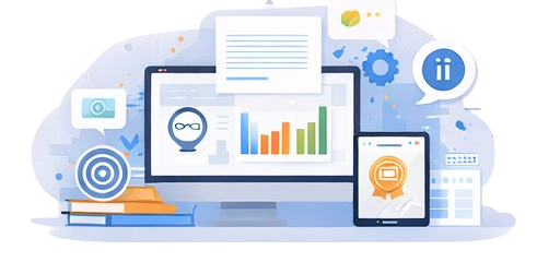 Illustration represents learning digital skills online using computers and modern technology